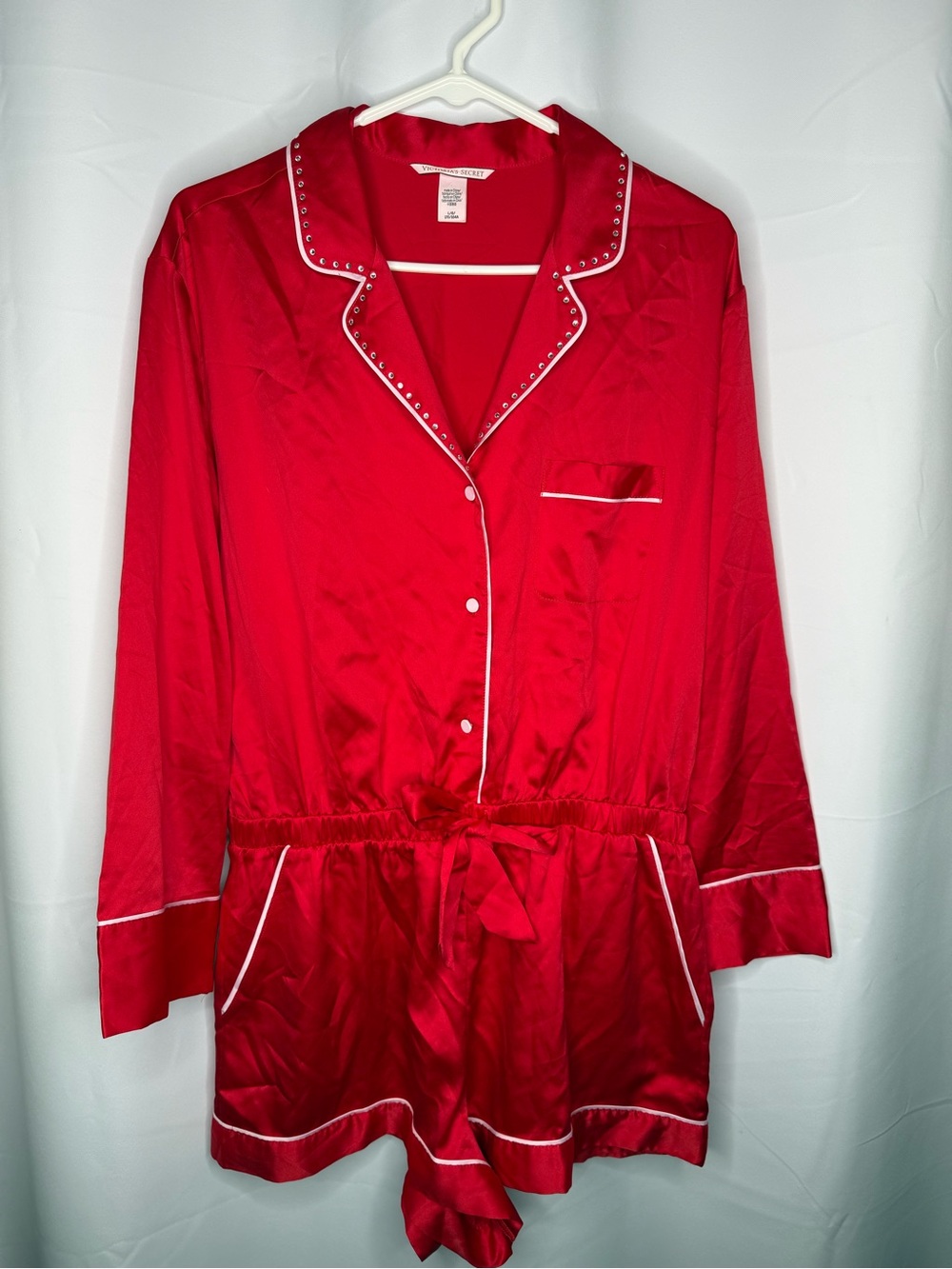 VICTORIA'S SECRET SATIN SLEEP ROMPER PAJAMA RED RHINESTONE L